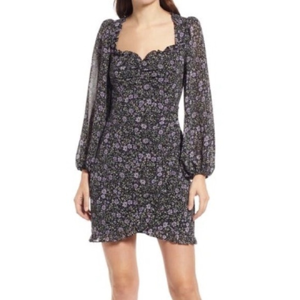 Floret Studios NEW Black Purple Ditsy Floral Long Sleeve Ruffle Mini Dress
